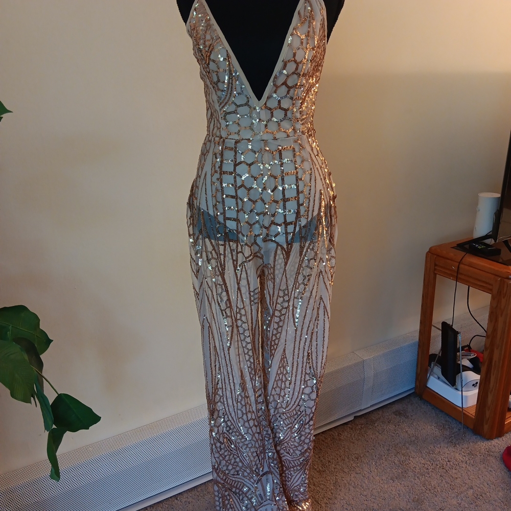 PrettyLittleThing Women's Jumpsuit Sleeveless Gold Sequins Size 4 Lace Legs